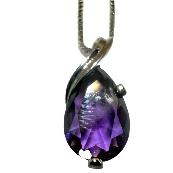 NEW Purple Teardrop Glass Gemstone Silver Chain Necklace Pendant - Picture 3 of 8